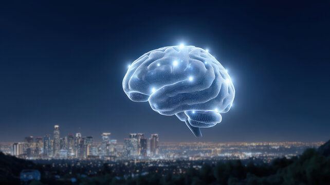 Glowing digital brain hovers over cityscape at night, symbolizing fusion of technology and urban life. illuminated brain represents innovation and futuristic concepts - Powered by Adobe