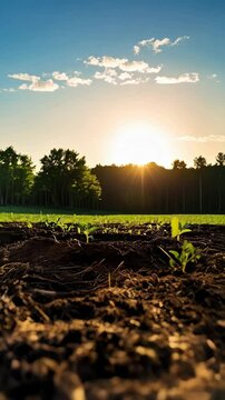 Young plant growing in dark soil against a vibrant sunset sky in a field, new beginnings in agriculture and cultivation concept