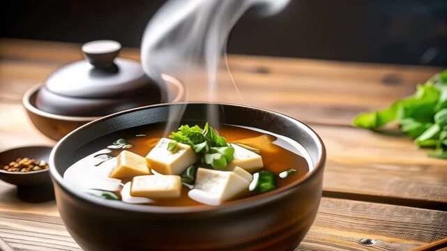 Hot miso soup with tofu cubes and greens in a dark bowl on a rustic wooden table, Asian cuisine in an elegant setting