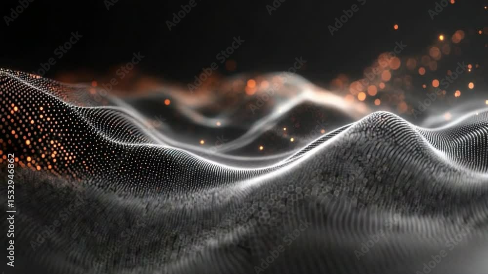 Poster Digital Abstract Topography: An abstract digital landscape, with undulating lines that depict terrain in a dark, futuristic context. Enhanced with glittering bokeh effect.