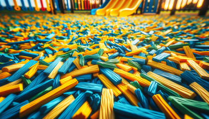 Colorful close-up of soft rubber mulch on a playground surface with slides in the background. child safety, outdoor play, daycare, fun, texture, protection. Recreational design.