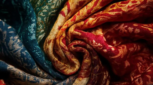 Colorful patterned fabric swirl with various textures and colors. Textiles and fashion apparel concept. Abstract background footage.