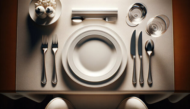 Elegant top view of a formal table setting with white plates, cutlery, and glassware arranged on a stylish marble surface. Fine dining, luxury hospitality. Culinary elegance.