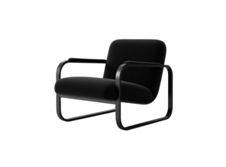 A sleek black leather armchair with a stainless steel frame, featuring straight lines and rounded edges, isolated on a transparent background, PNG