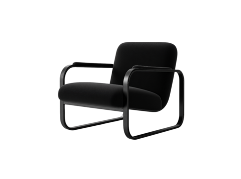 A sleek black leather armchair with a stainless steel frame, featuring straight lines and rounded edges,  isolated on a transparent background, PNG