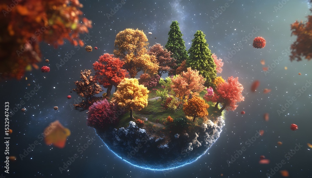 Poster a miniature world with colorful trees in space.