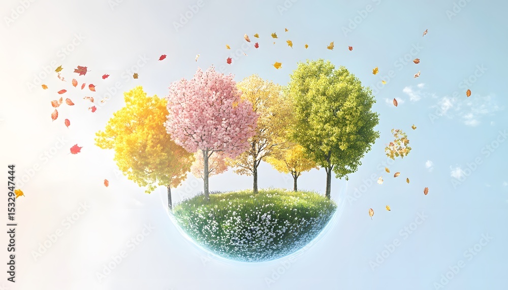 Poster floating island with colorful trees and falling leaves.