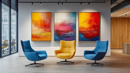 Modern office space featuring vibrant blue and yellow chairs against colorful artworks.