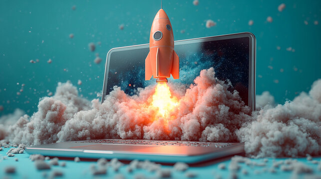 Startup Rocket Launching from Laptop, Futuristic Digital Space