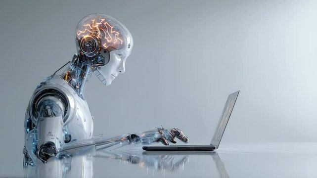 A humanoid robot with a transparent head is using a laptop at a desk. Concept of artificial intelligence and future technology.