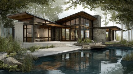 Obraz premium Modern House Architecture with Stone Exterior and Tranquil Pond