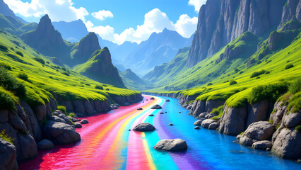 Colorful River Valley: A vibrant rainbow river winds through a lush green valley beneath majestic mountains under a clear blue sky creating whimsical landscape.