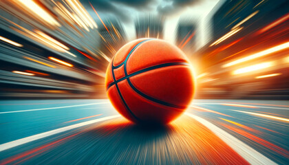 Basketball rolling on an urban court with dynamic motion blur and dramatic lighting. Sport, street basketball, energy, competition, power, and athletic performance. Design. Cover. Copy cpace.