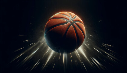 Explosive basketball in motion with dramatic lighting and dynamic energy on a dark background. Sport, power, action, intensity, competition, and professional performance. Design. Cover. 