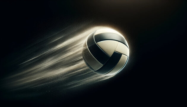 High-speed volleyball flying through the air with motion blur on a dark background. Concept of sport, power, energy, focus, competition, intensity, and professional athletic performance. Design. Cover