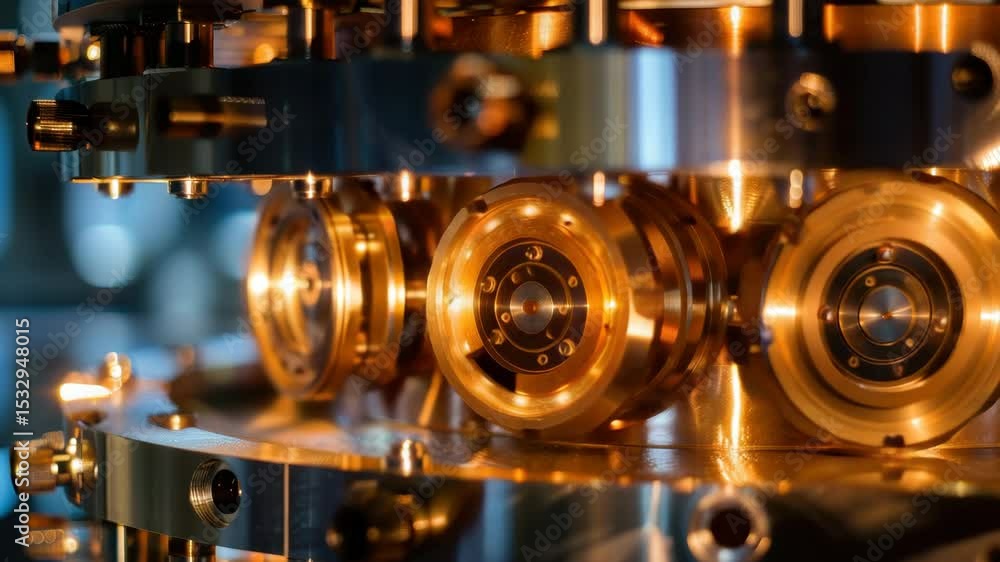 Aufkleber Close-up of advanced machinery showcasing intricate golden components illuminated in a high-tech environment