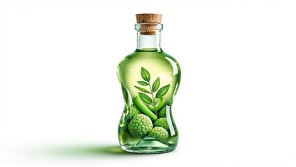 A glass bottle with a curvaceous design, filled with green liquid featuring leaf and spherical plant like elements, set against a white background.