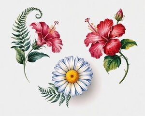 Artistic floral arrangement featuring a central daisy, red hibiscus flowers, green leaves, and a curling fern frond on a white background.