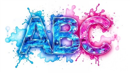 Uppercase ABC letters feature a galaxy like pattern in blues, purples, and pinks. Paint splashes in matching hues stand out against a white background.