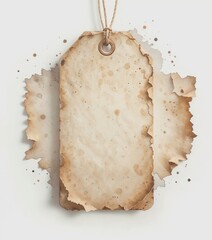 Rectangular tag with distressed burnt edges, metal ring, and string, surrounded by layered paper pieces on a plain white background.