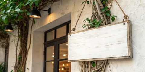 A whitewashed wooden signboard hangs from ropes against a vine covered wall. Black industrial lights and a glass paneled door with warm lighting are visible.
