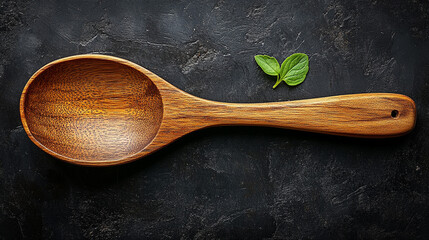 Wooden ladle on dark stone background with basil