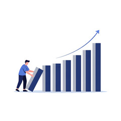 Business Growth Concept - Person Climbing a Bar Chart with an Upward Arrow, Career Progression and Success, Isolated on Transparent Background