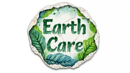 Circular design with green Earth Care text, watercolor style green and blue leaves, soft green gradient background, and cracked paper edges.