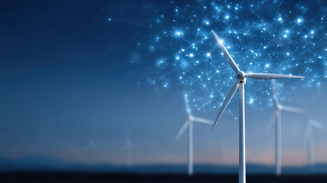 Wind turbine stands against twilight sky, symbolizing renewable energy and innovation. digital network overlay suggests connectivity and technology integration