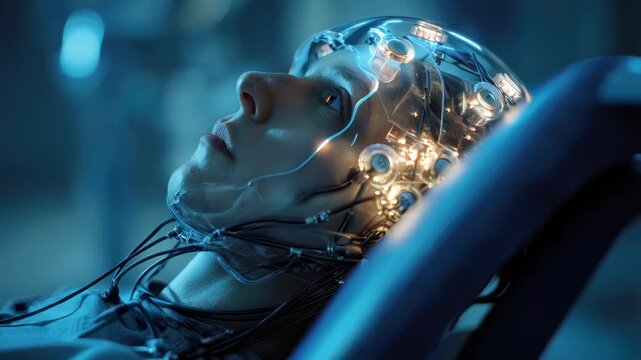 A person is lying back with a neural interface on the head connected by glowing wires. Concept of mind control and neurotechnology.