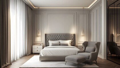 Fototapeta premium Elegant bedroom with upholstered furniture and light fixtures.