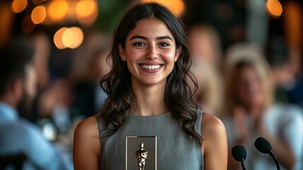 Young woman of Hispanic descent holds an award, smiling at a celebratory event.