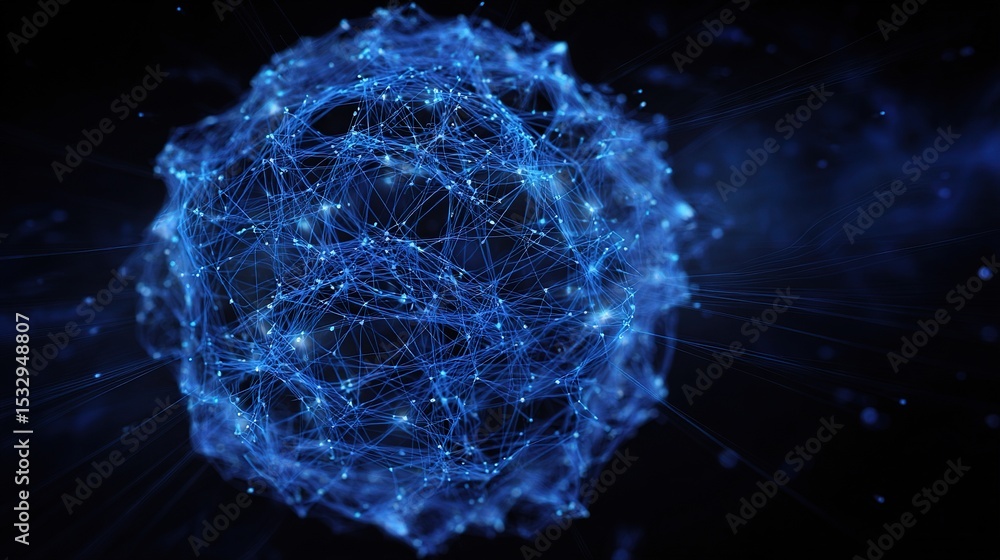 Poster abstract blue sphere with connecting lines and data visualization