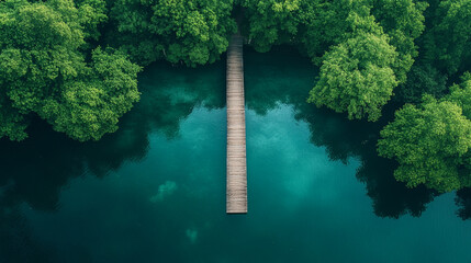 Wooden pier on turquoise lake in lush green forest, aerial view