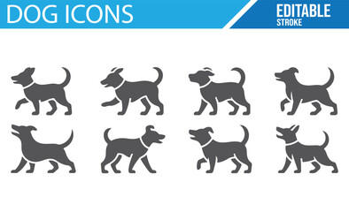 Collection of playful and active dog icons in vector design for pet products.
