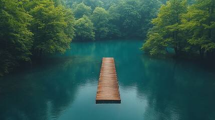 Wooden pier on turquoise lake in misty forest
