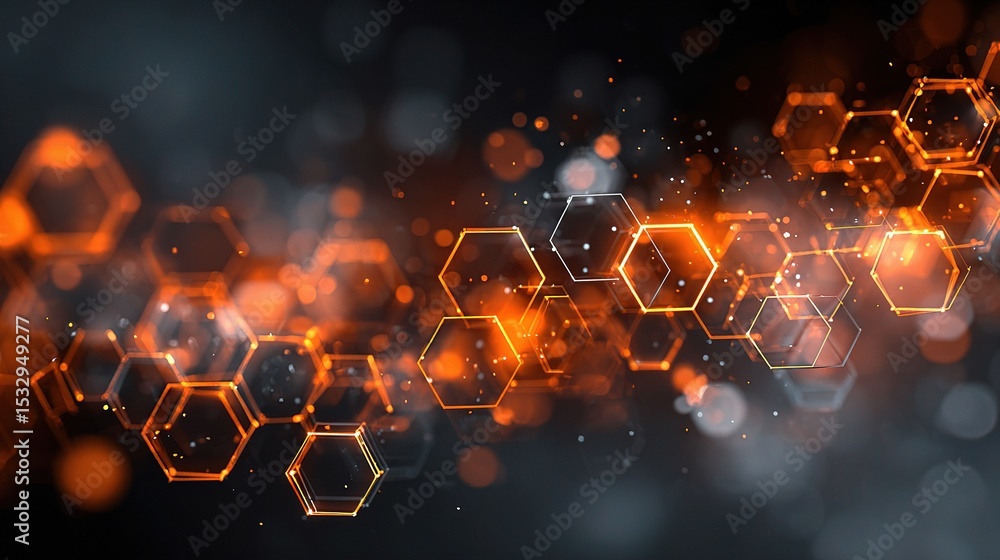 Poster abstract technology background with orange hexagons and network design