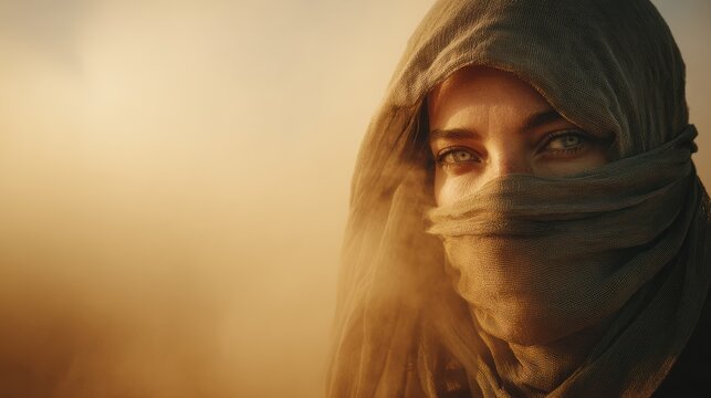 A woman enveloped in flowing fabric stands against a vast, golden desert backdrop. Her penetrating gaze reflects strength and resilience as the sun sets, casting warm hues
