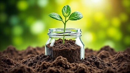 A small plant with two green leaves grows in a glass jar filled with soil, surrounded by dark earth. The background shows a green and yellow gradient.