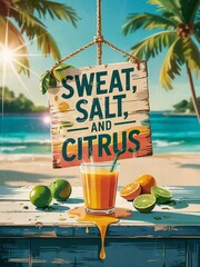 A wooden sign hangs on a sunny beach with palm trees, turquoise waters, and a clear sky. A glass of orange juice and fresh citrus fruits sit in the foreground.