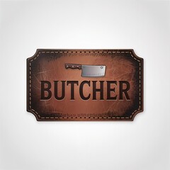 Rectangular sign with leather like texture, stitched border, bold 'BUTCHER' text, and a meat cleaver illustration on a distressed background.