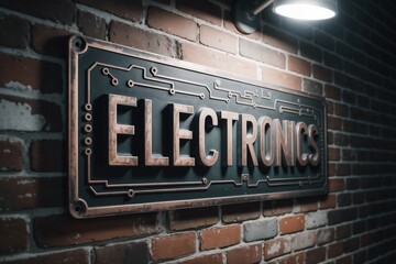 A rectangular sign reading 'ELECTRONICS' in metallic letters is mounted on a brick wall, featuring a circuit board design and illuminated by an overhead light.