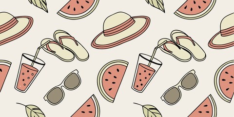 Pattern features wide brimmed hats, flip flops, sunglasses, watermelon slices, leafy accents, and juice glasses on a light beige background.