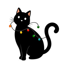 Black Cat with Christmas lights around its tail with body.