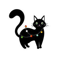 Black Cat with Christmas lights around its tail with body.