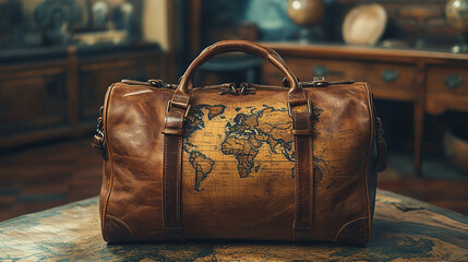 Vintage leather duffel bag with world map design on antique table in antique room