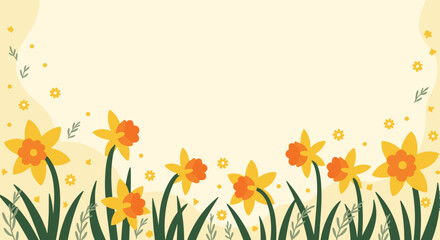 Floral pattern with yellow daffodils and greenery on light background  