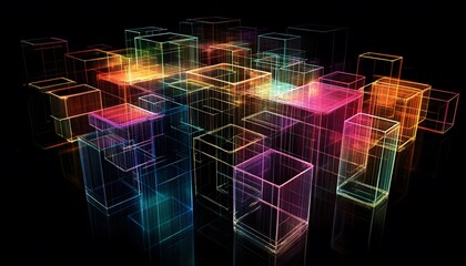 Colorful, translucent cubes in a complex architectural design.