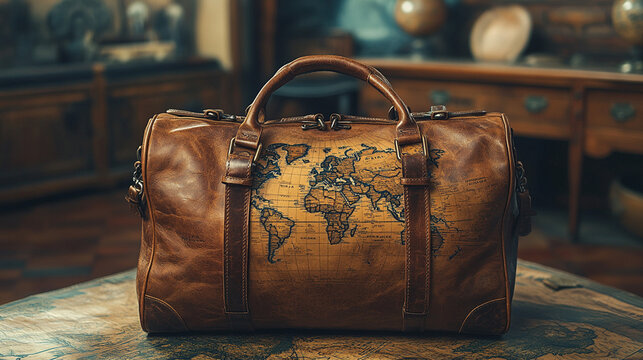 Vintage leather duffel bag with world map design on antique table in antique room