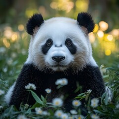Obraz premium Serene Panda Bear Amidst Wildflowers